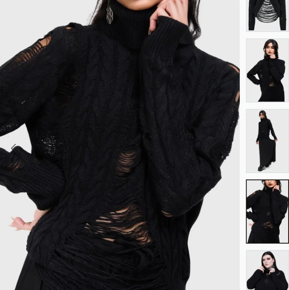 Black Distressed Turtleneck Cable-Knit Sweater - Picture 3 of 6